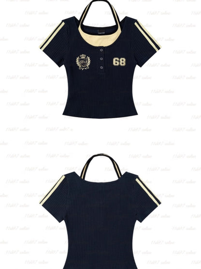 Cropped T-Shirt Navy Blue Halter Neck Glamorous Two-pieces Faux