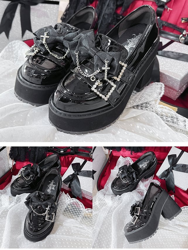 Black Polished Cross Decorated Bow Kei Rhinestoned Platform Buckles Loafers Jirai Chain