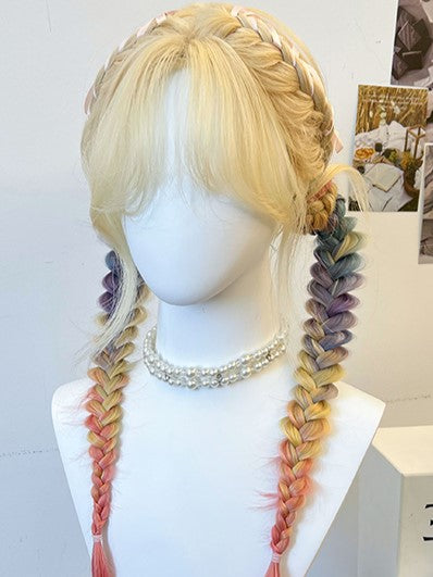 With Ponytails Rainbow + Braided Yellow Wig Synthetic Bangs Double Curtain