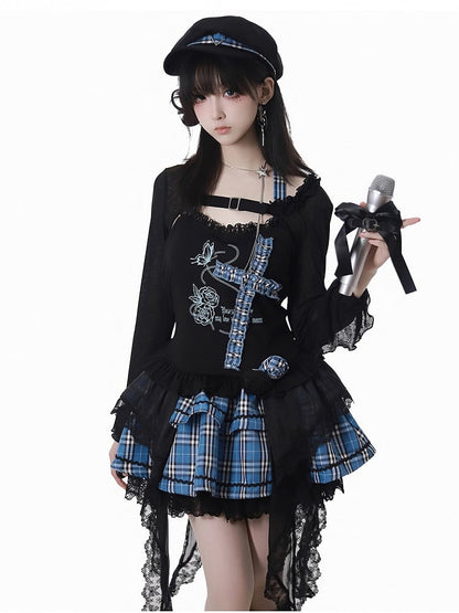 Print Design Butterfly Handkerchief Hem Idol Blue Plaid Criss-cross Halter Top Black and Rose