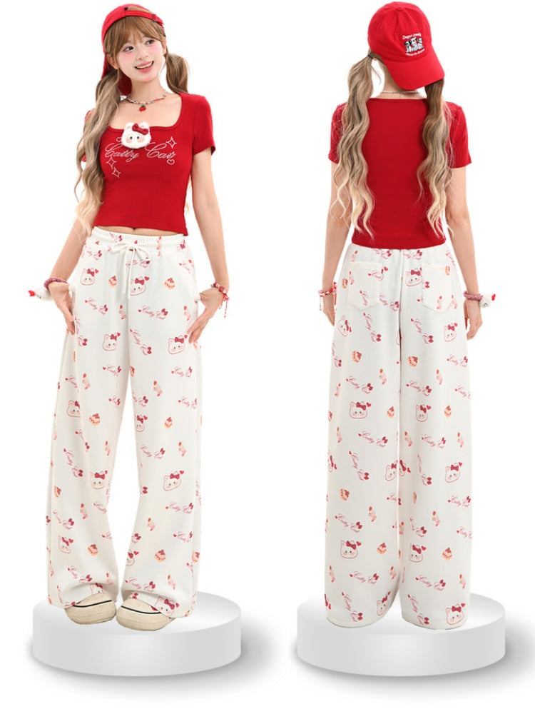 White Drawstring Waist Allover Kitty Print Wide-Leg Casual Pants