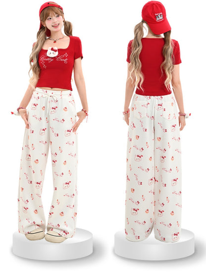 White Drawstring Waist Allover Kitty Print Wide-Leg Casual Pants