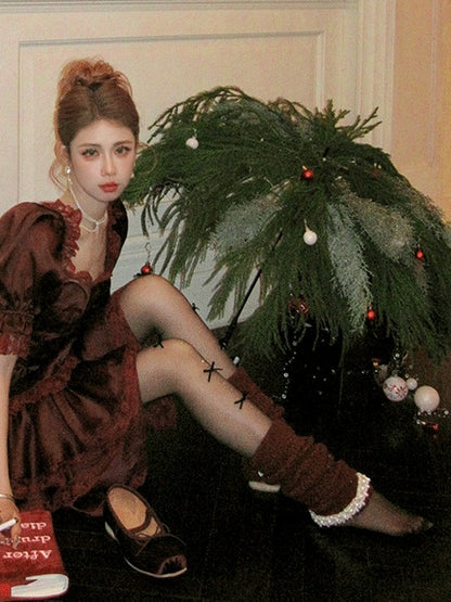 Sweet Ruffled Cuff Knitted Leg Warmers With Beads