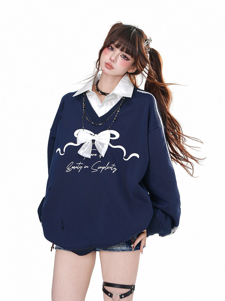 Navy Blue Polo Collar Faux Two-pieces Sweatshirt with Detachable Bow