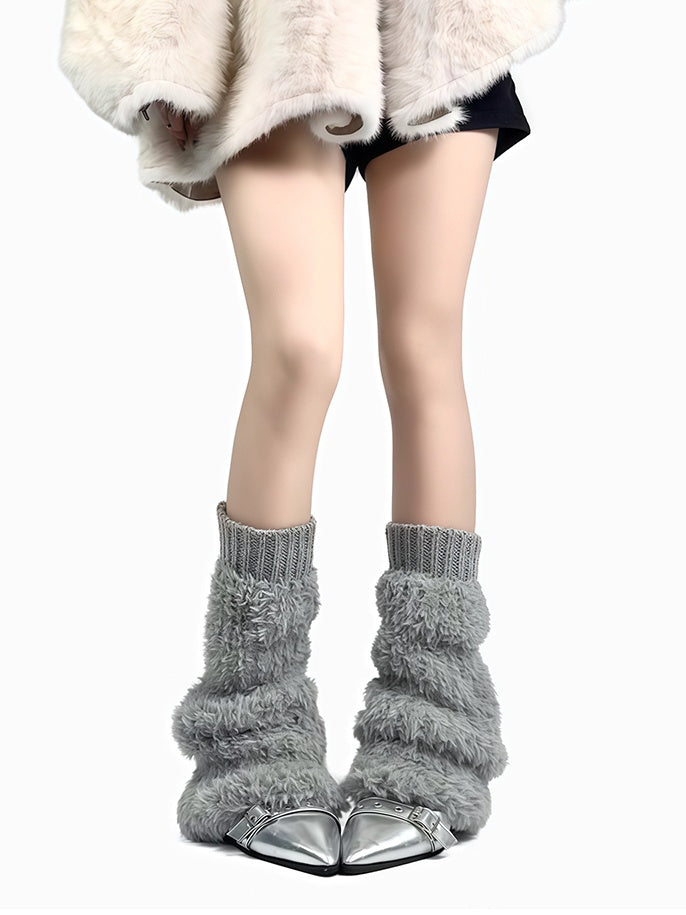 Jambières en peluche à poignets tricotés blanc cassé/gris/noir
