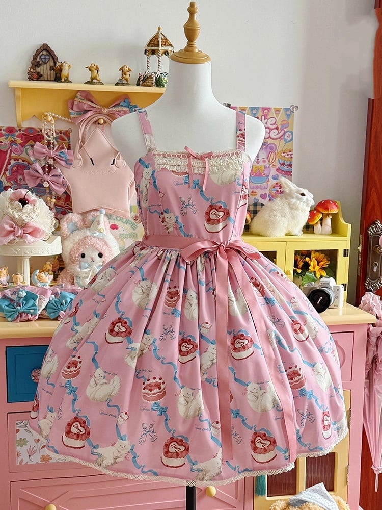 Fluffy Showa Jumper Pink Kitty Cute Lolita Print Sweet Skirt Dress