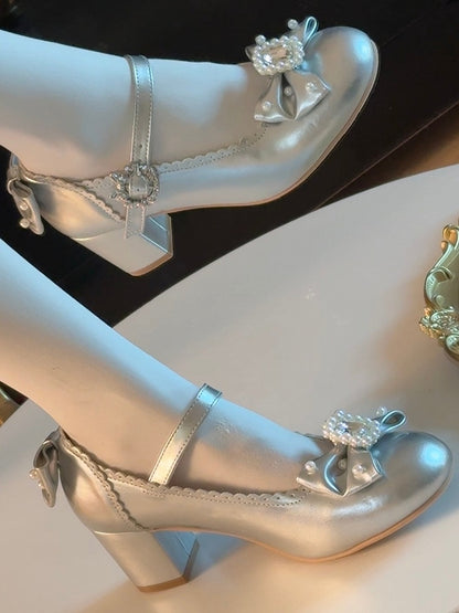 Schuhe Mary Runde Zehen Details Lolita Janes Perlen Silber Und Bowknot Verziert Strass