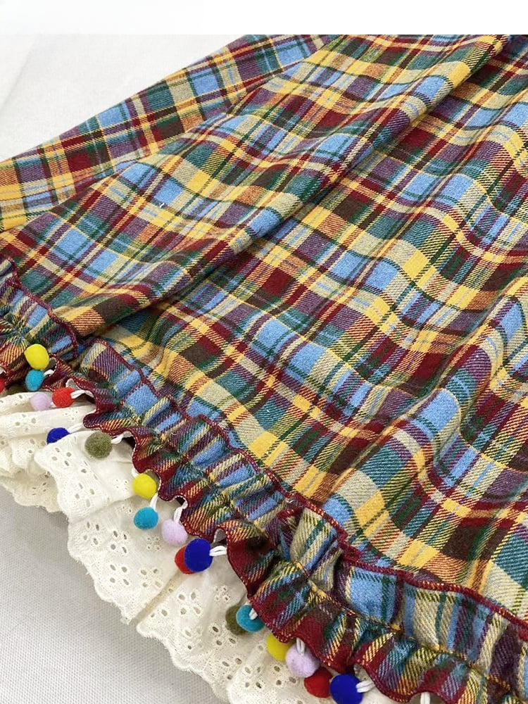 Rainbow Plaid Pompons Hem Midi Length Vintage Skirt