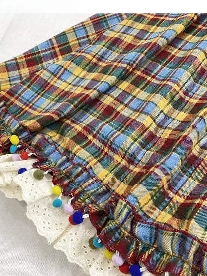 Rainbow Plaid Pompons Hem Midi Length Vintage Skirt