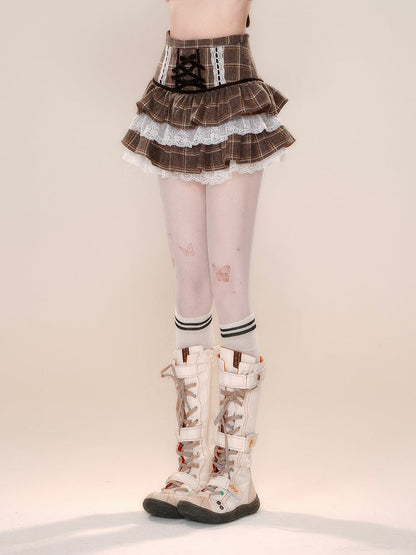 Tiered Plaid Brown Bow Accents Skirt