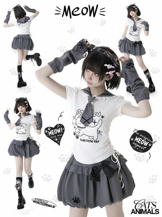 Side Armwear Free Ears with T-shirt Kitty Design Sailor Collar White Drawstring