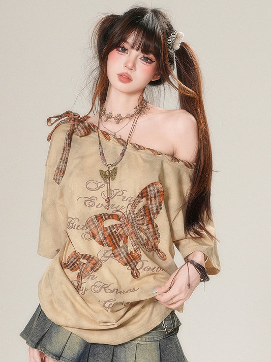 Appliques Brown/White Asymmetrical Glamorous T-shirt Plaid Butterfly Bittersweet Neckline