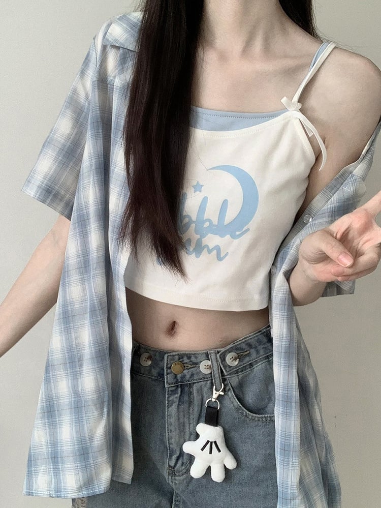 White and Blue Faux Two-Pieces Cropped Cami Top