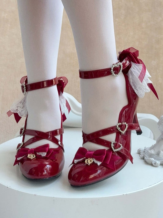 Lolita Leather in Opulent Wine Red PU with Heels Bowknot Details