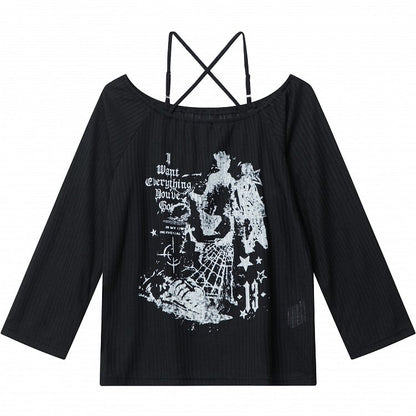 Off-Shoulder Black Knit Top with Cross Halter and Letter Print