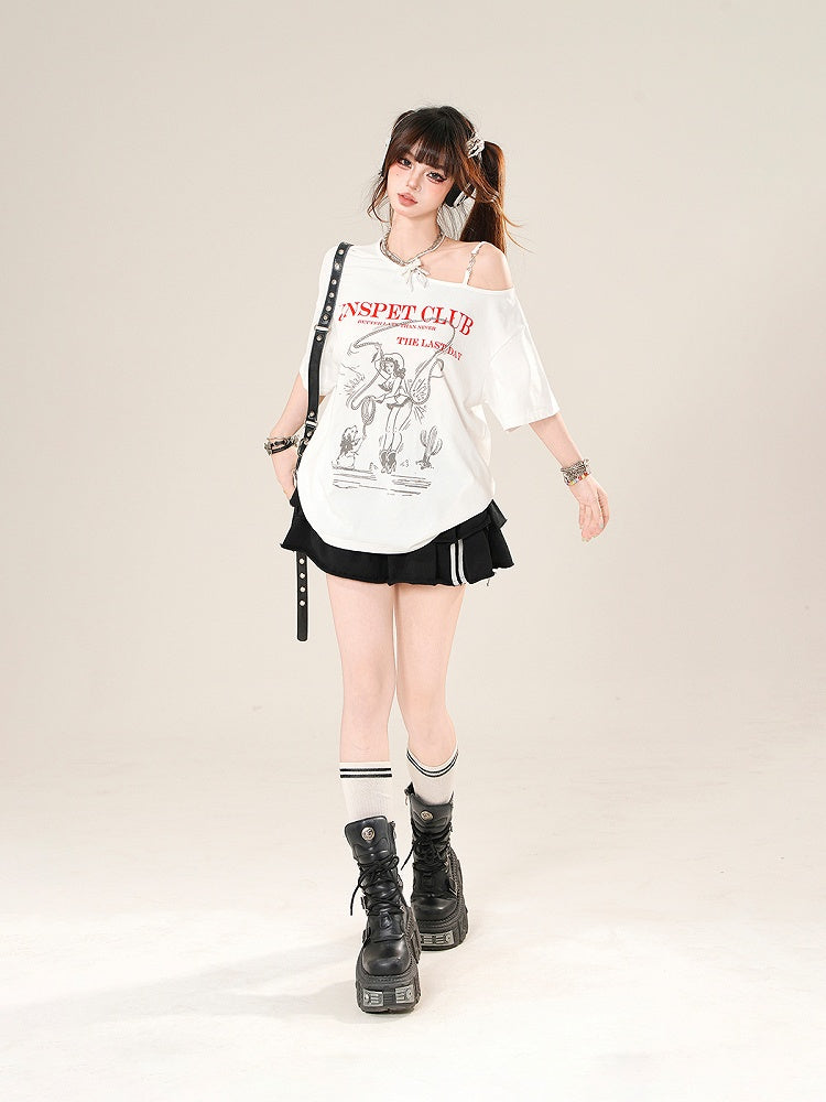 White Asymmetrical Neckline Loose Graphic T-Shirt