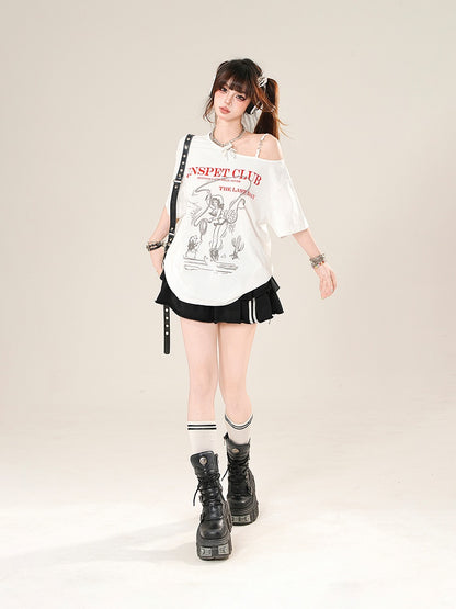 White Asymmetrical Neckline Loose Graphic T-Shirt