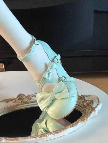 Striped with Janes Mary Mid-heel PU Bows Grass Green