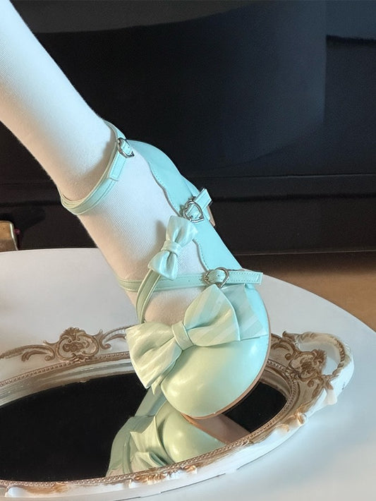 Striped with Janes Mary Mid-heel PU Bows Grass Green