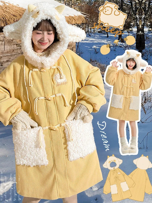 Milk Yellow Cute Lamb Hood Hooded Corduroy Duffle Coat