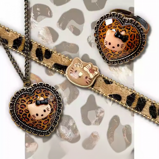 Collier/bague/bracelet/ras-du-cou motif léopard marron