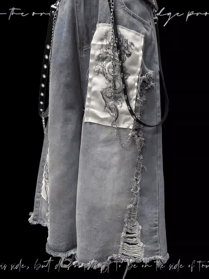 Blue Wide-leg Jeans Dragon Applique Raw Hem Distressed Holes Light