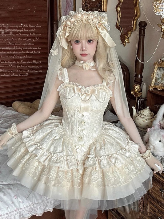 Puffy Dress Fabric with Boned Basque Waist Jacquard Beige JSK Big Hime Lolita Balletcore Bow Train
