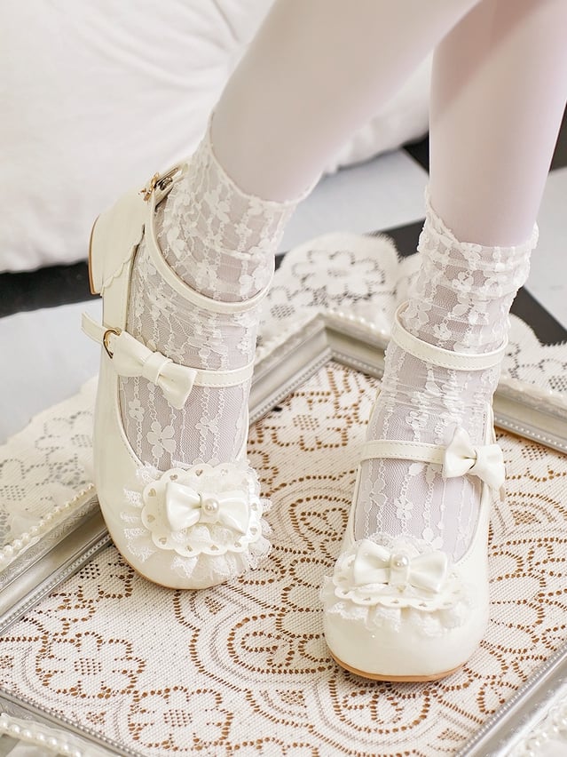 White Round Buckles Heart Lolita Lace at Milky Bow Toe Top Trim