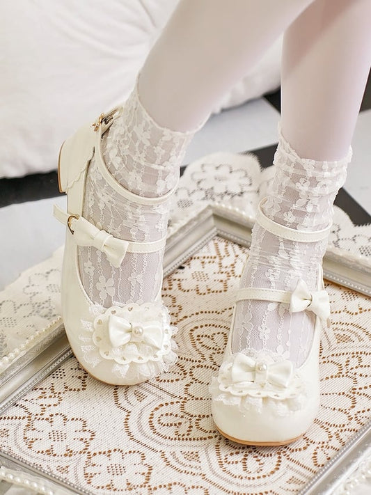 White Round Buckles Heart Lolita Lace at Milky Bow Toe Top Trim