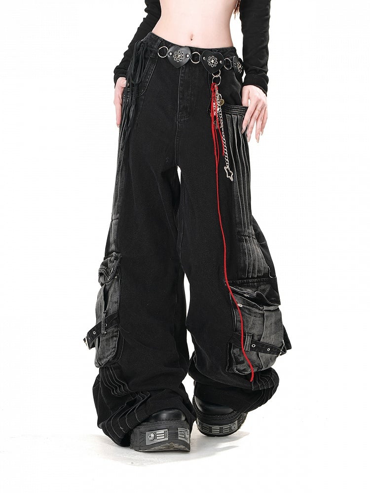 Pockets Black Wide-Leg Jeans Faded Wash Cargo Loose Acubi Fashion