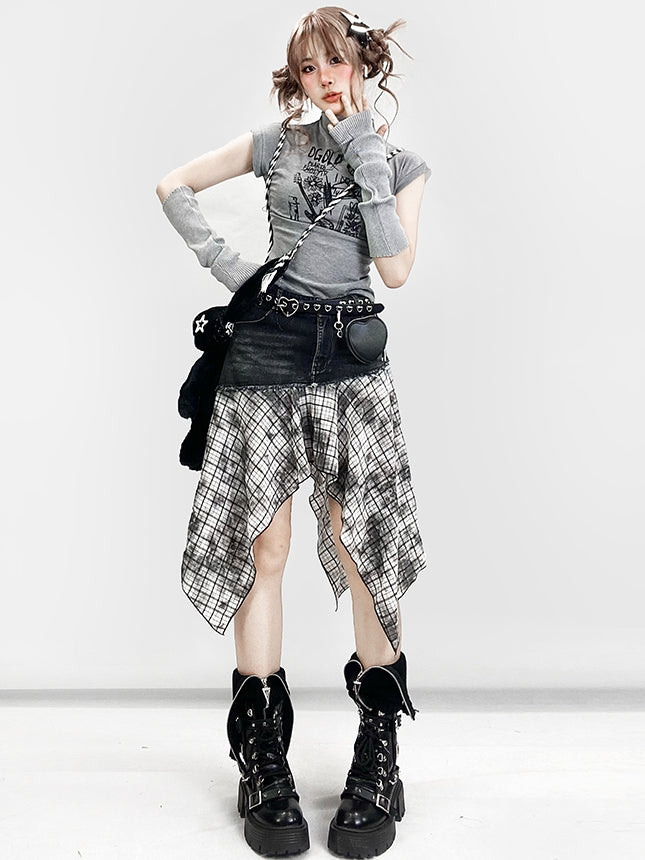 Plaid Handkerchief BlackWhite Y2K Pattern Skirt Hem