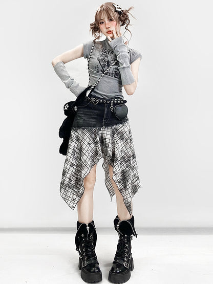 Plaid Handkerchief BlackWhite Y2K Pattern Skirt Hem