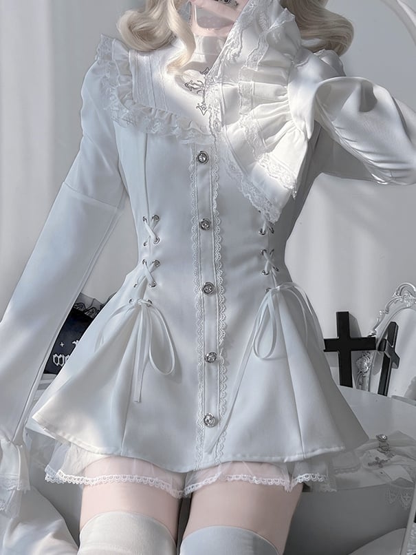 Matching Detachable Set: Bow Lace-Up Bell Sleeve with Waist Shorts Coord Kei Dress White Bib Tie Jirai