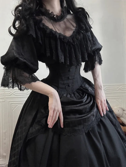 Komplett schwarzes Aristocrat Gothic Edward Neck / V-Ausschnitt Top