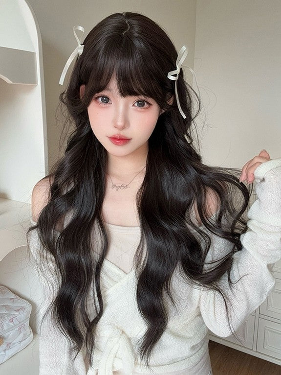 Black Air Length Bangs Wig 75CM Tea Wavy With
