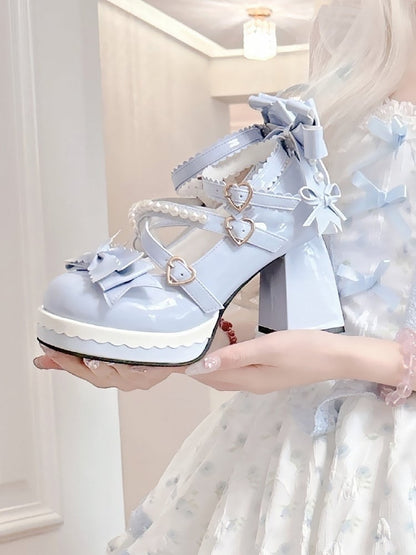 High Style Lolita Details in with Sweet Blue Platform Heels Design Block Bow Crisscross