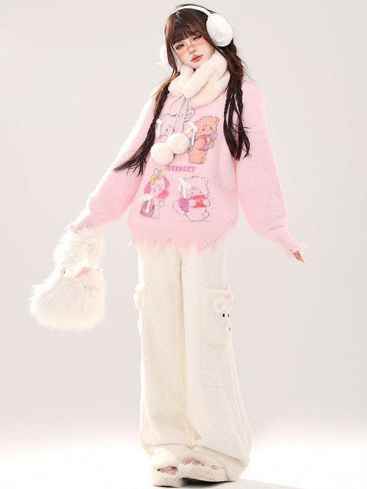 Milk White Cute Bear Pockets Fleece Lined Wide-leg Cut Soft Pants