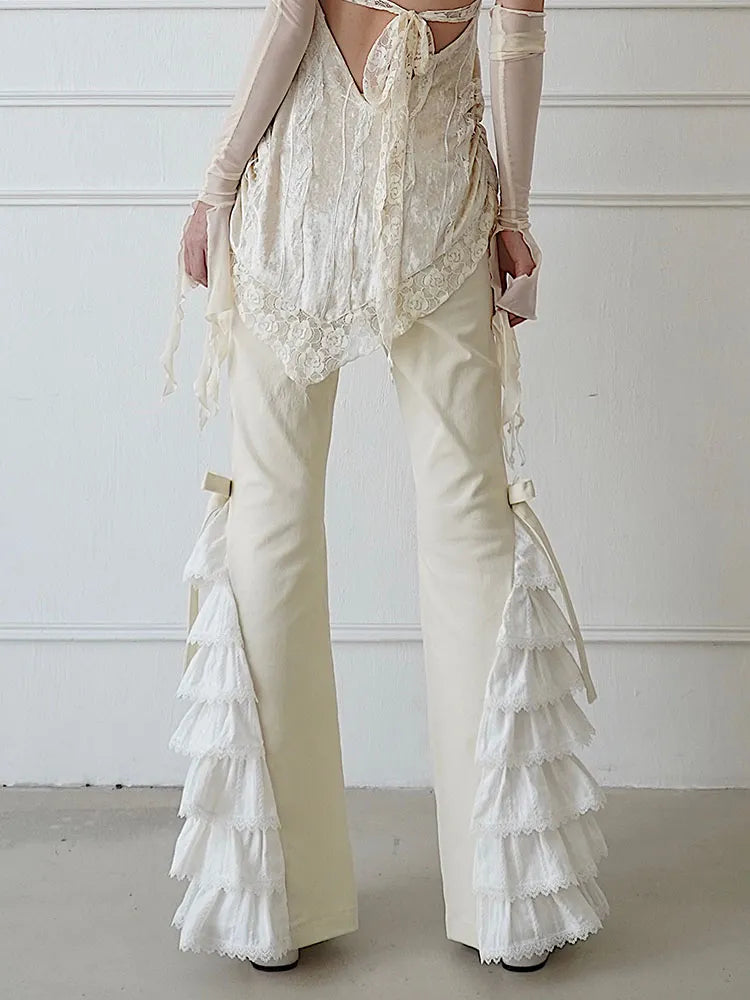 Pants Design Beige with and Tiered Flared Detail Butterflies Lace-up Bowknots