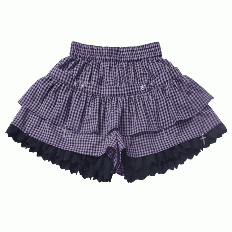 Y2K Purple Elastic Waist Lace Trim Plaid Skort