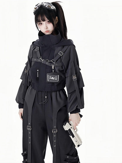 Black Buckle Straps Elastic Cuffs Waist Hooded Jacket Short/Long Version