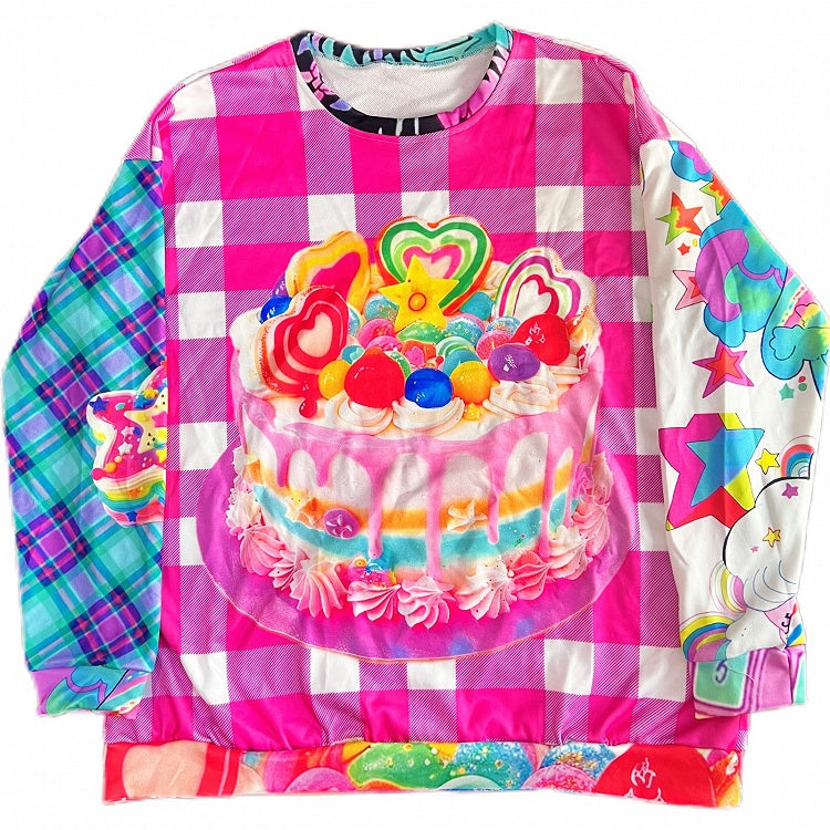 Y2K-Muster, kariertes Kuchen-Sweatshirt mit buntem Aufdruck