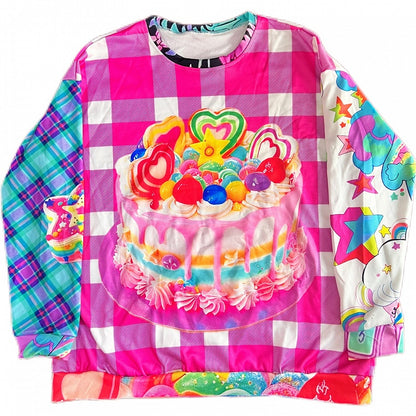 Y2K-Muster, kariertes Kuchen-Sweatshirt mit buntem Aufdruck