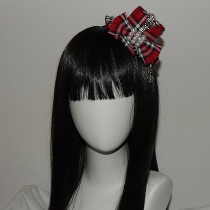 Bowknot Red Charm Mini Decorated Crown Pattern Plaid Hat Beaded