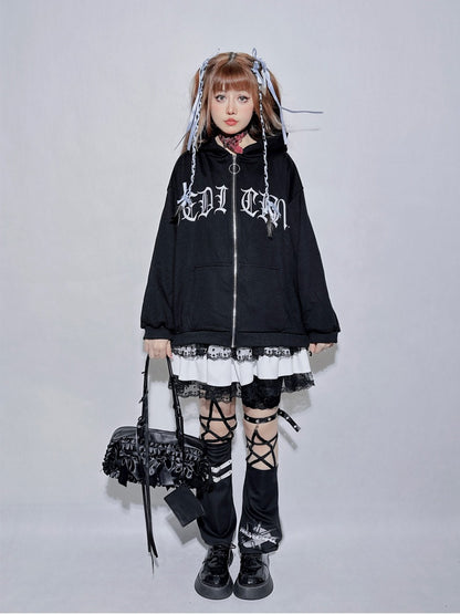 Black Plaid Round Neck Letter Fake Two-piece Sweatshirt