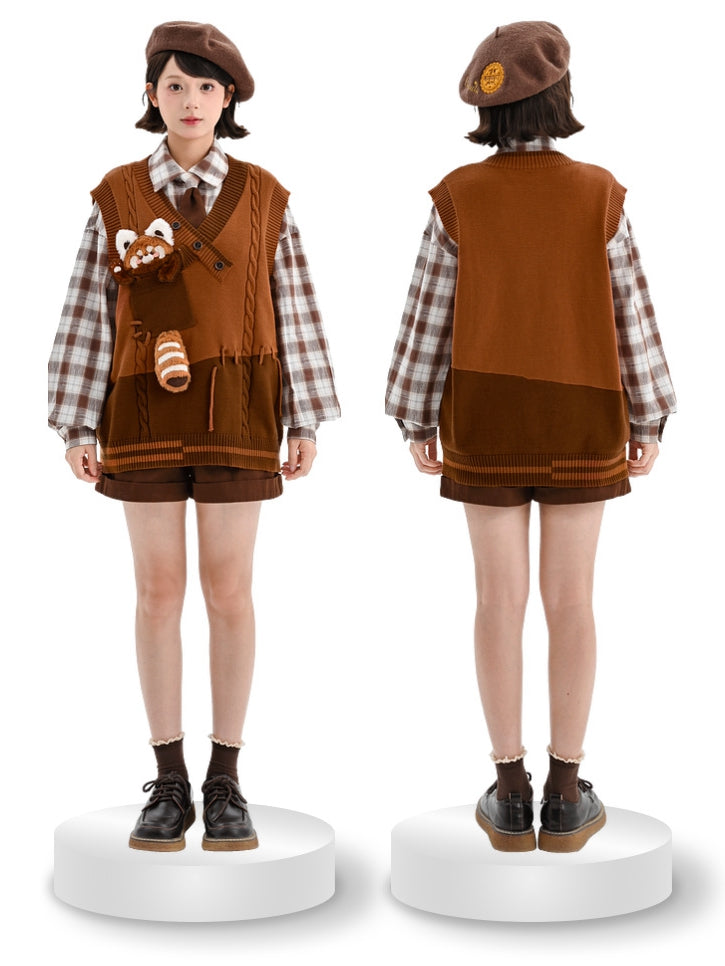 Cute Lesser Panda Brown Colorblock Knit Vest