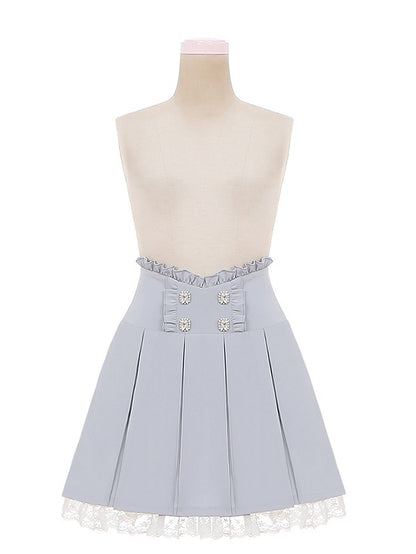 Accents Trim Jirai Light Blue Box Pleat Skirt Lace Ruffled Rhinestone Kei