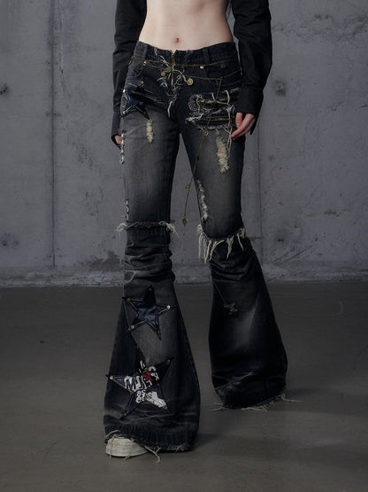 Patches Black PU Flared Rock Star Punk Wasteland Hem Washed Raw Jeans with