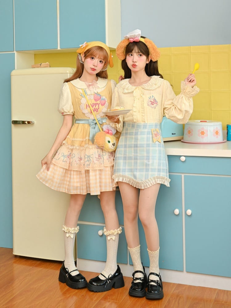 Strawberry Cake Embroidery Bow Creamy Yellow Tiered Lolita Dress Sweet Skirt Big