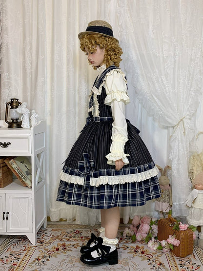 Blue Plaid and Black Striped Pattern Dress Detachable Collar and Tie Lolita Jumper Skirt