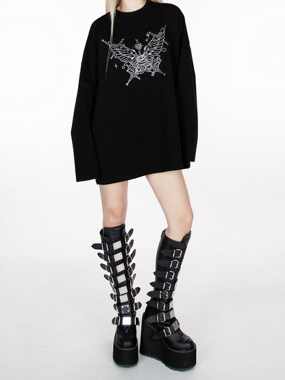 Black Rhinestone Butterfly Loose Sweatshirt